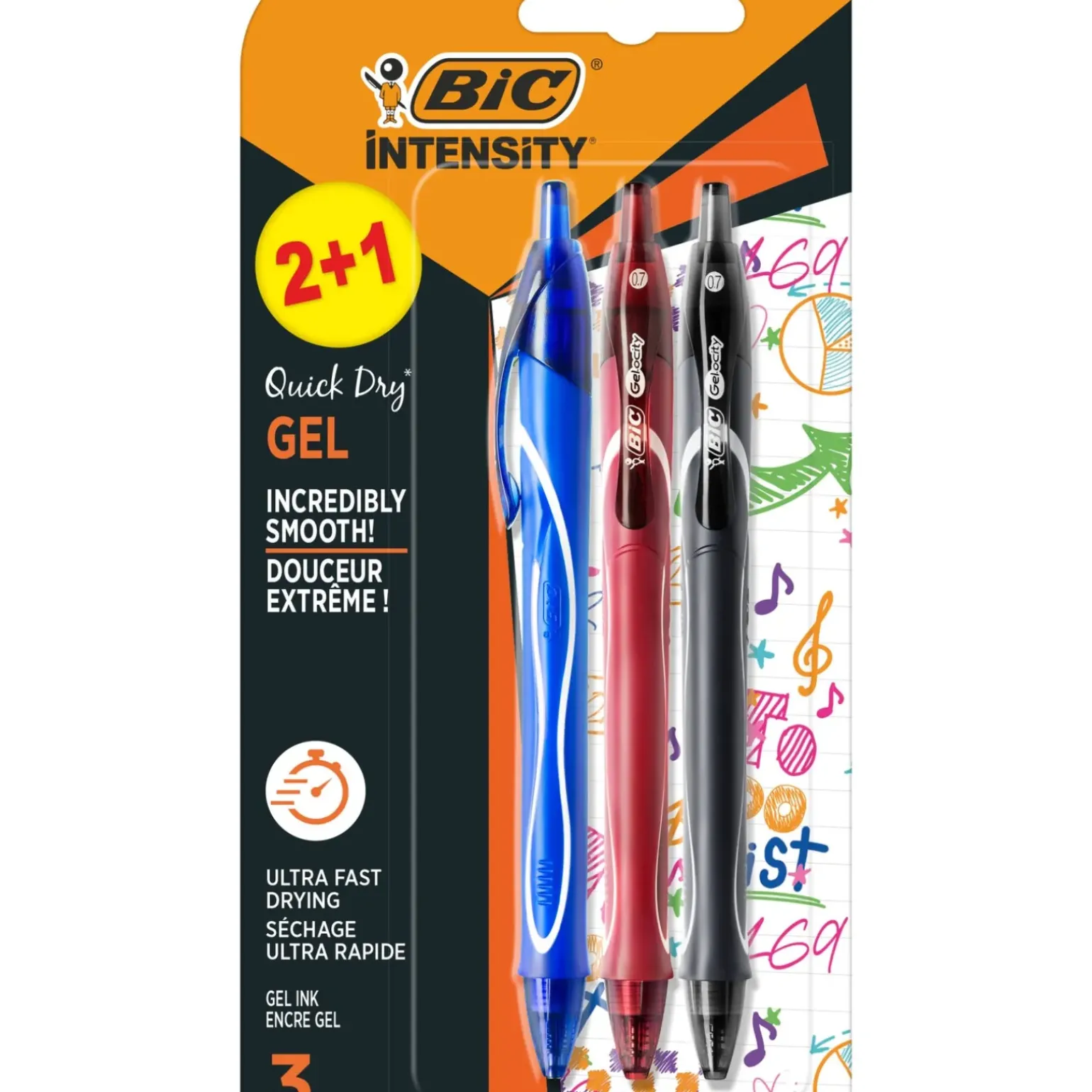 Esferográfica Gel-ocity Quick Dry de Tinta Gel Azul, Preta e Vermelha