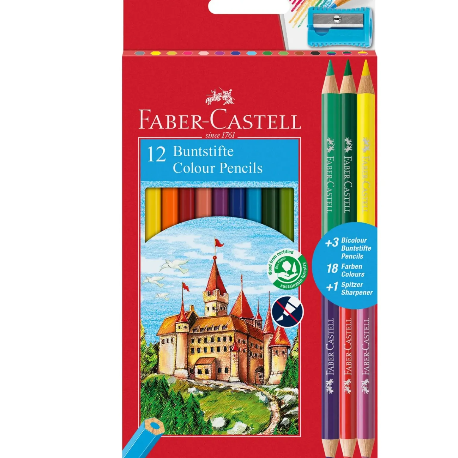 Lápis Cor 12 unidades + 3 Lápis Bicolor + Afia Faber Castell