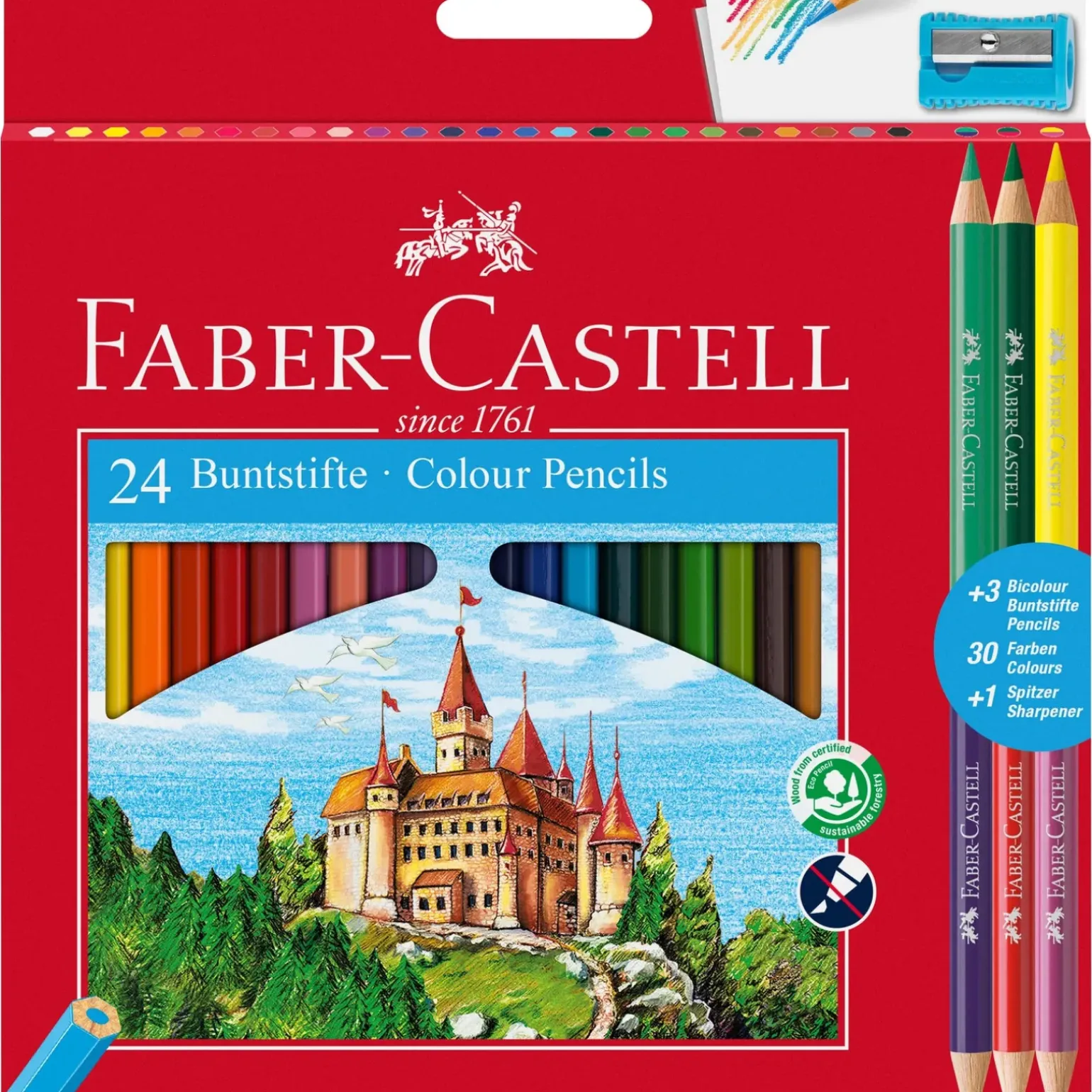 Lápis Cor 24 unidades + 3 Lápis Bicolor + Afia Faber Castell